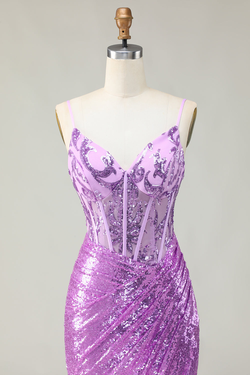 Glitzerndes Meerjungfrau Lila Korsett Appliziertes Ballkleid mit Schlitz