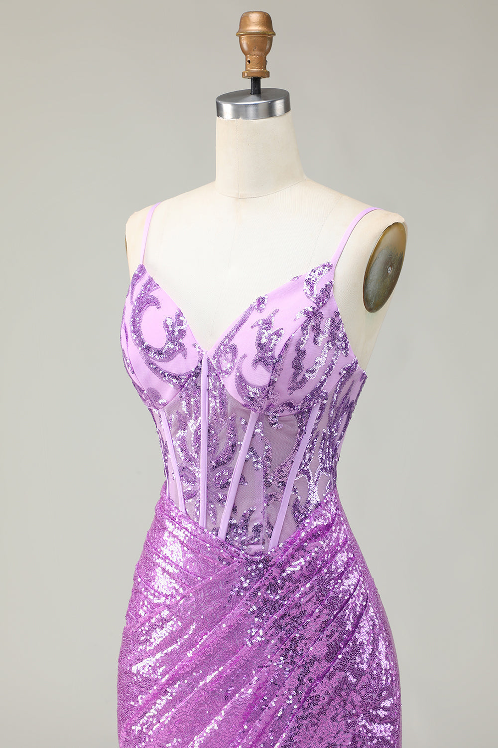 Glitzerndes Meerjungfrau Lila Korsett Appliziertes Ballkleid mit Schlitz