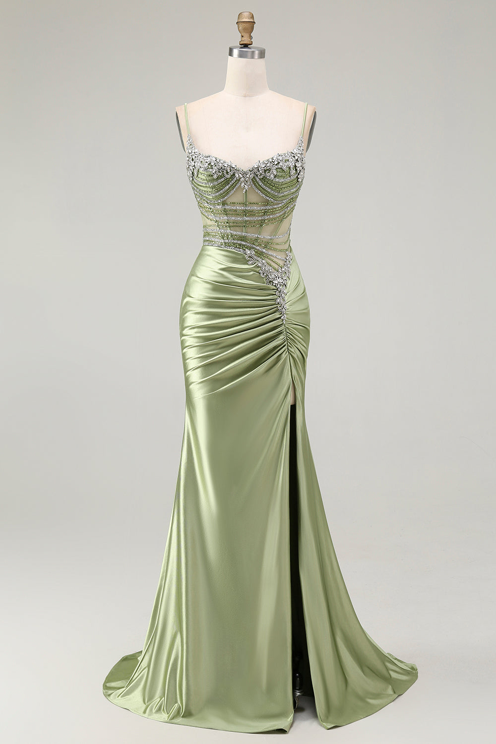Grünes Meerjungfrauen Korsett Gerafftes Satin Ballkleid mit Schlitz