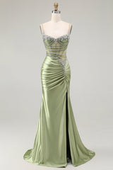 Grünes Meerjungfrauen Korsett Gerafftes Satin Ballkleid mit Schlitz