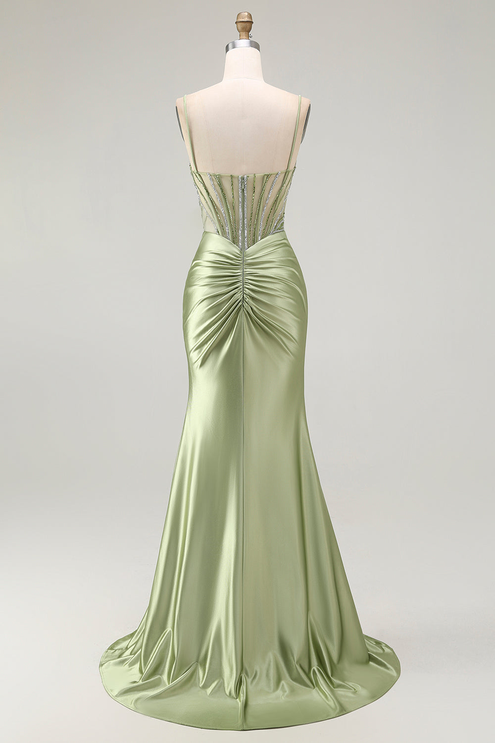 Grünes Meerjungfrauen Korsett Gerafftes Satin Ballkleid mit Schlitz