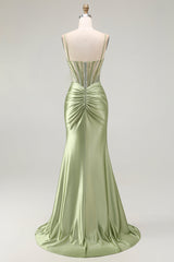 Grünes Meerjungfrauen Korsett Gerafftes Satin Ballkleid mit Schlitz