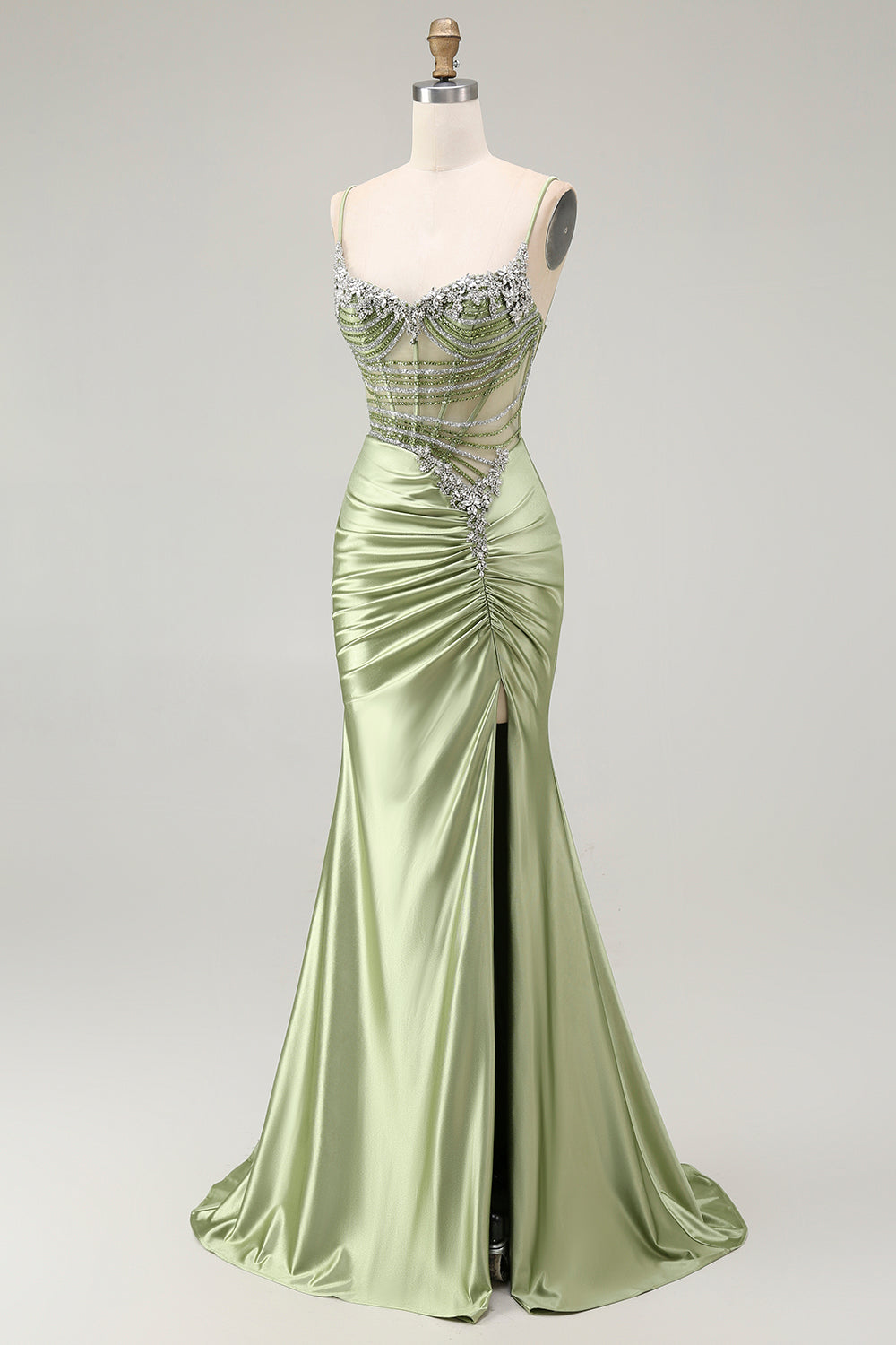 Grünes Meerjungfrauen Korsett Gerafftes Satin Ballkleid mit Schlitz