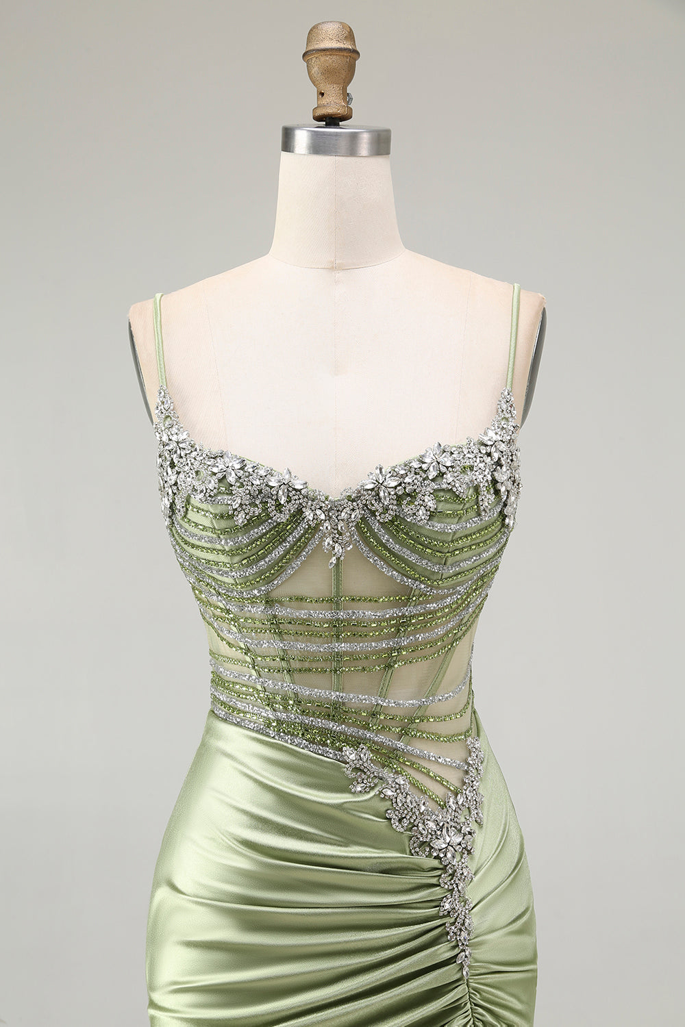 Grünes Meerjungfrauen Korsett Gerafftes Satin Ballkleid mit Schlitz