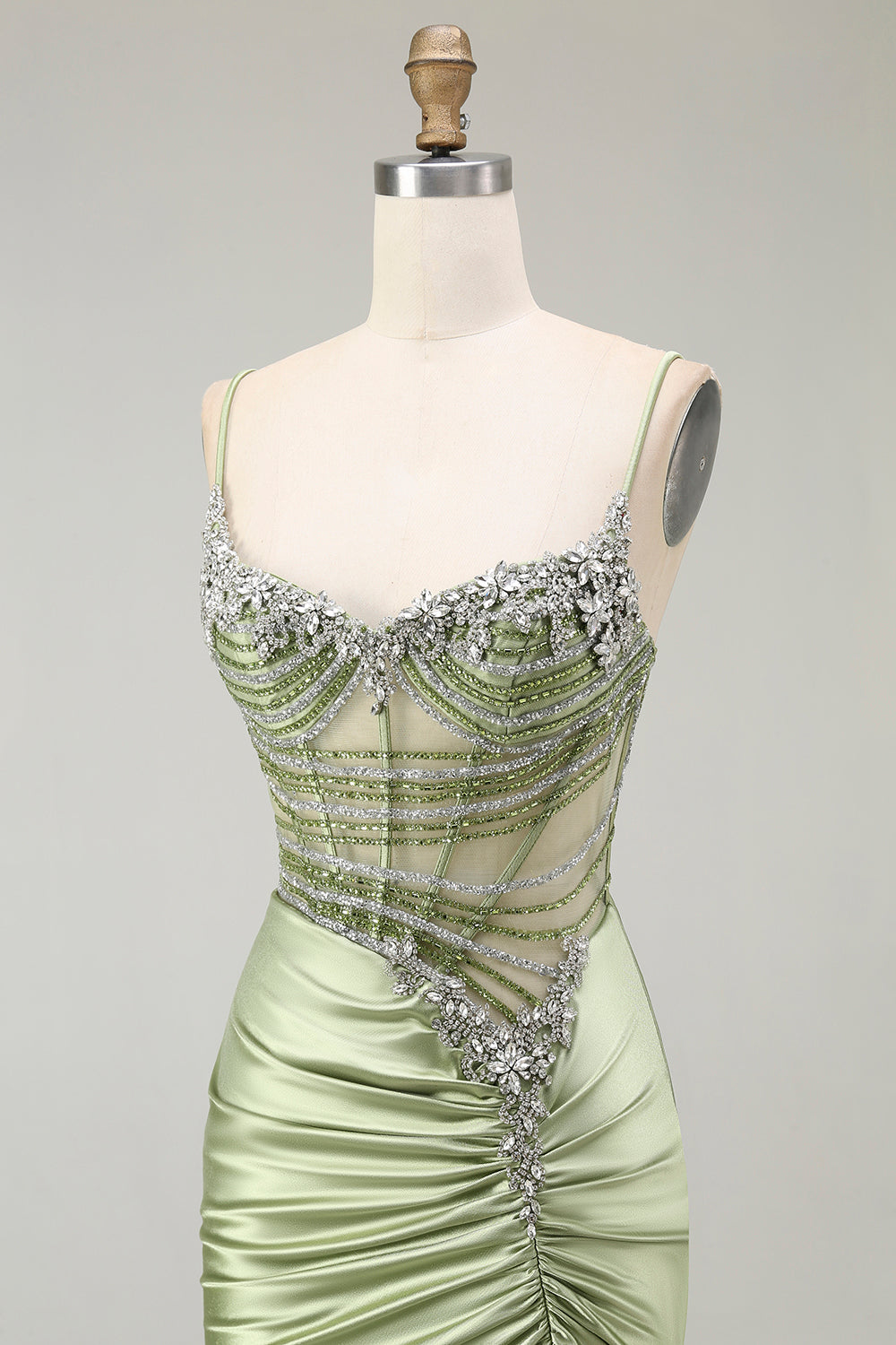 Grünes Meerjungfrauen Korsett Gerafftes Satin Ballkleid mit Schlitz