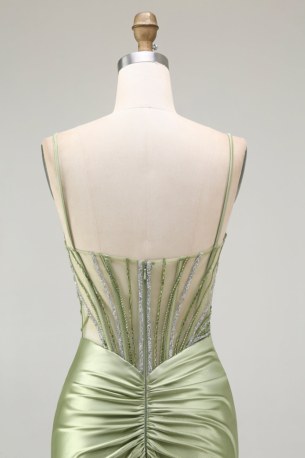 Grünes Meerjungfrauen Korsett Gerafftes Satin Ballkleid mit Schlitz