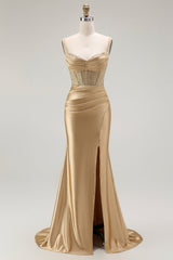 Goldenes Meerjungfrau Spaghettiträger Korsett Plissee Langes Ballkleid mit Schlitz