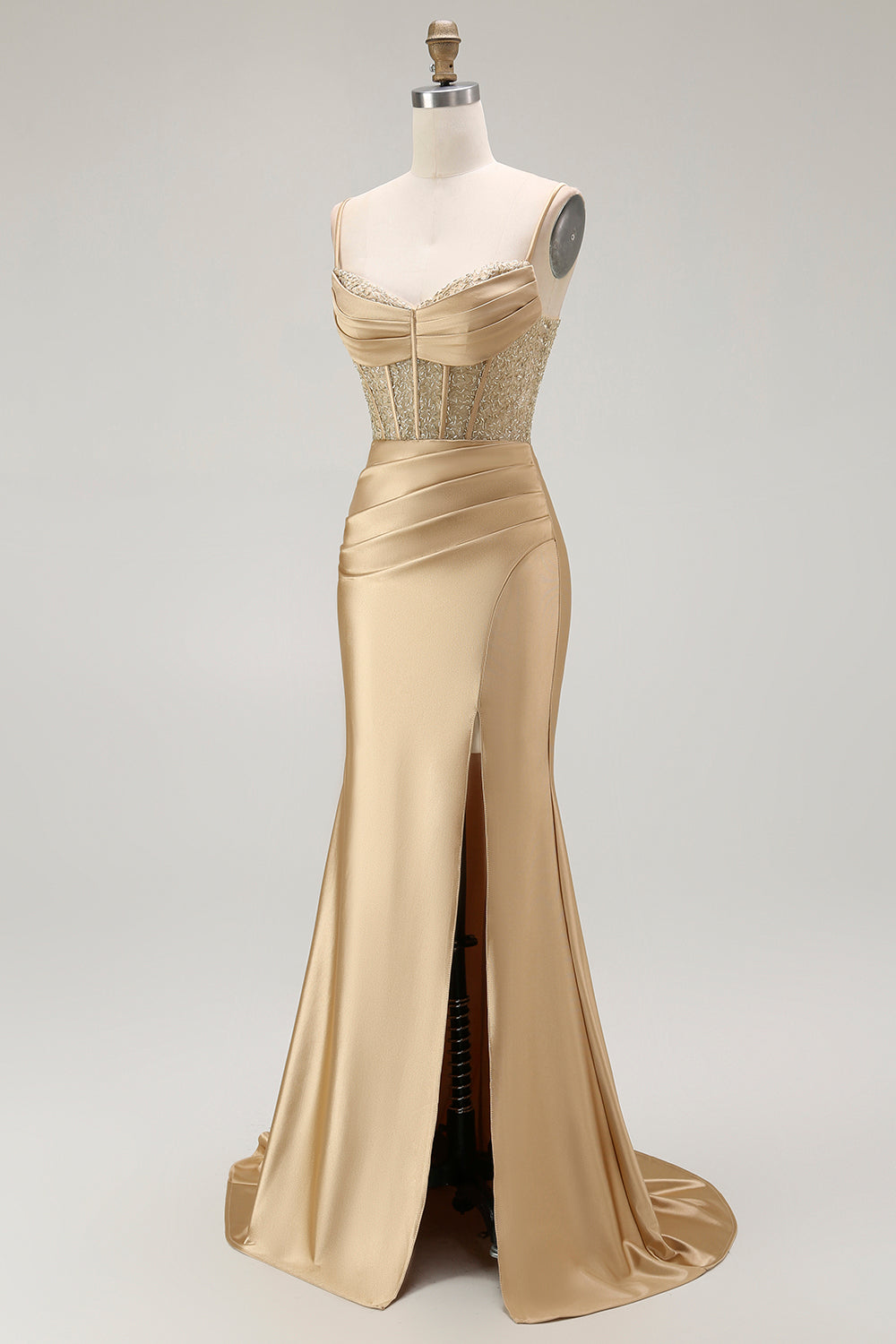 Goldenes Meerjungfrau Spaghettiträger Korsett Plissee Langes Ballkleid mit Schlitz