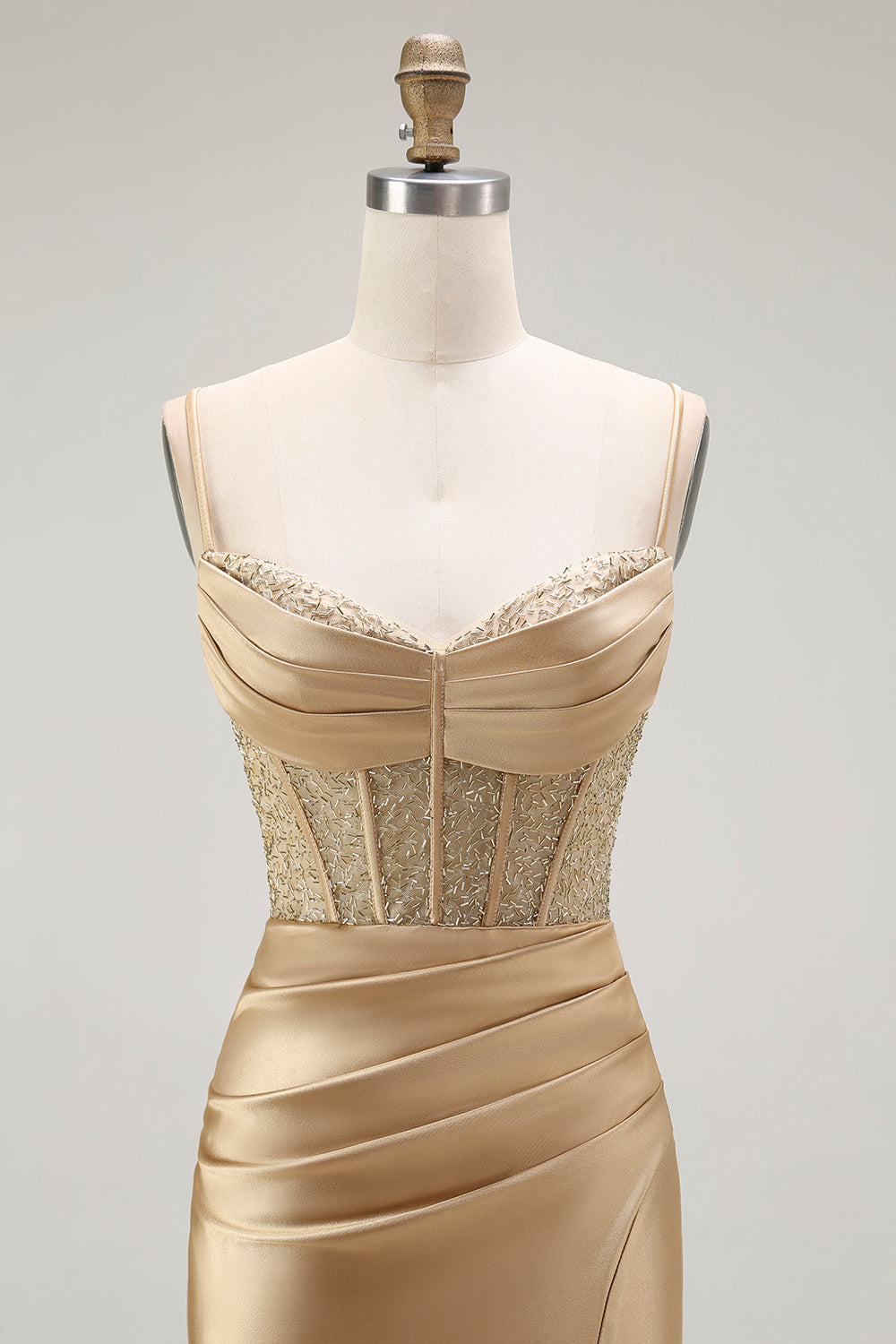 Goldenes Meerjungfrau Spaghettiträger Korsett Plissee Langes Ballkleid mit Schlitz
