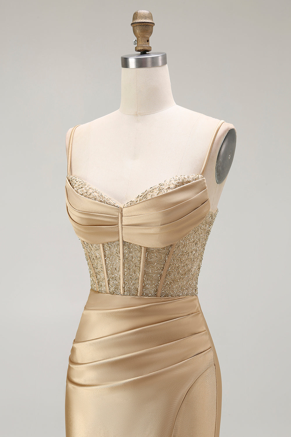 Goldenes Meerjungfrau Spaghettiträger Korsett Plissee Langes Ballkleid mit Schlitz