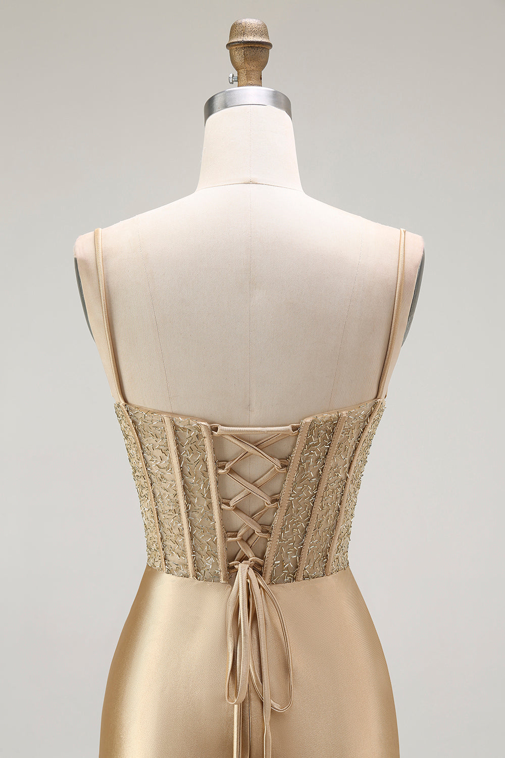 Goldenes Meerjungfrau Spaghettiträger Korsett Plissee Langes Ballkleid mit Schlitz