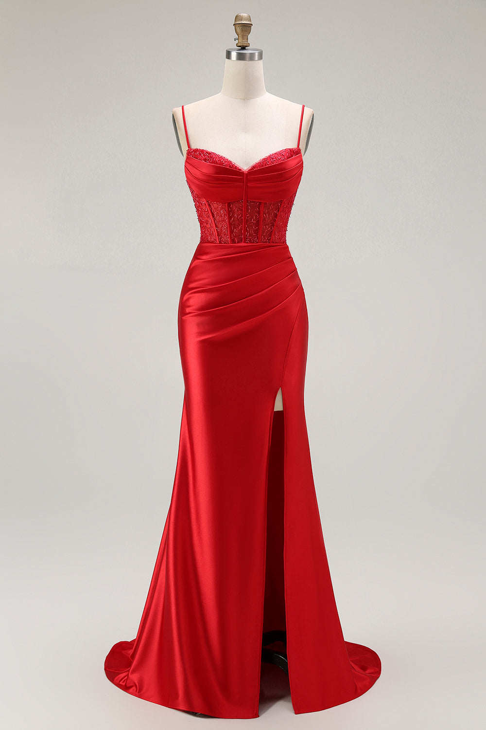 Rotes Meerjungfrau Spaghettiträger Korsett Plissee Langes Ballkleid mit Schlitz