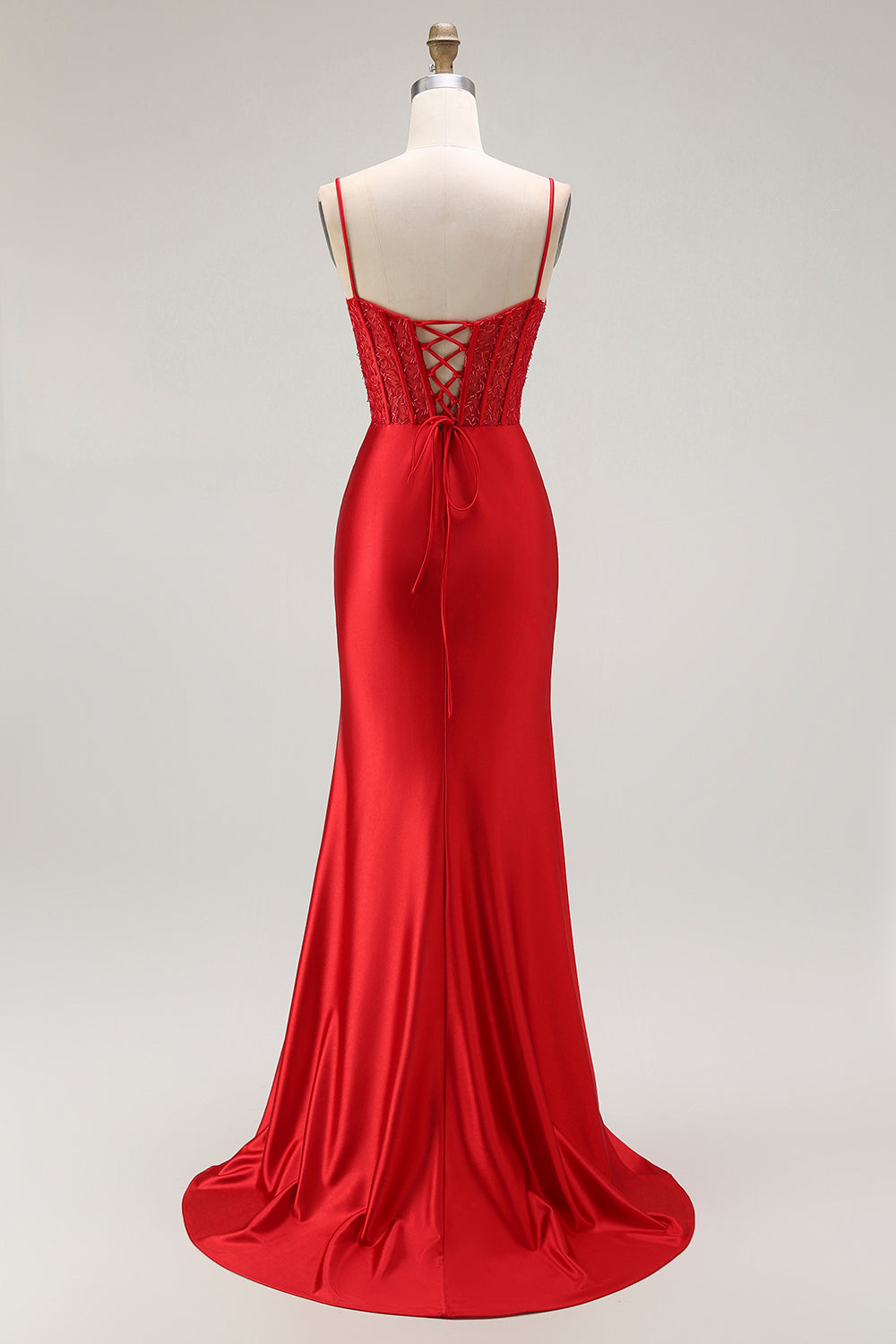 Rotes Meerjungfrau Spaghettiträger Korsett Plissee Langes Ballkleid mit Schlitz