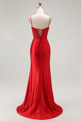 Rotes Meerjungfrau Spaghettiträger Korsett Plissee Langes Ballkleid mit Schlitz