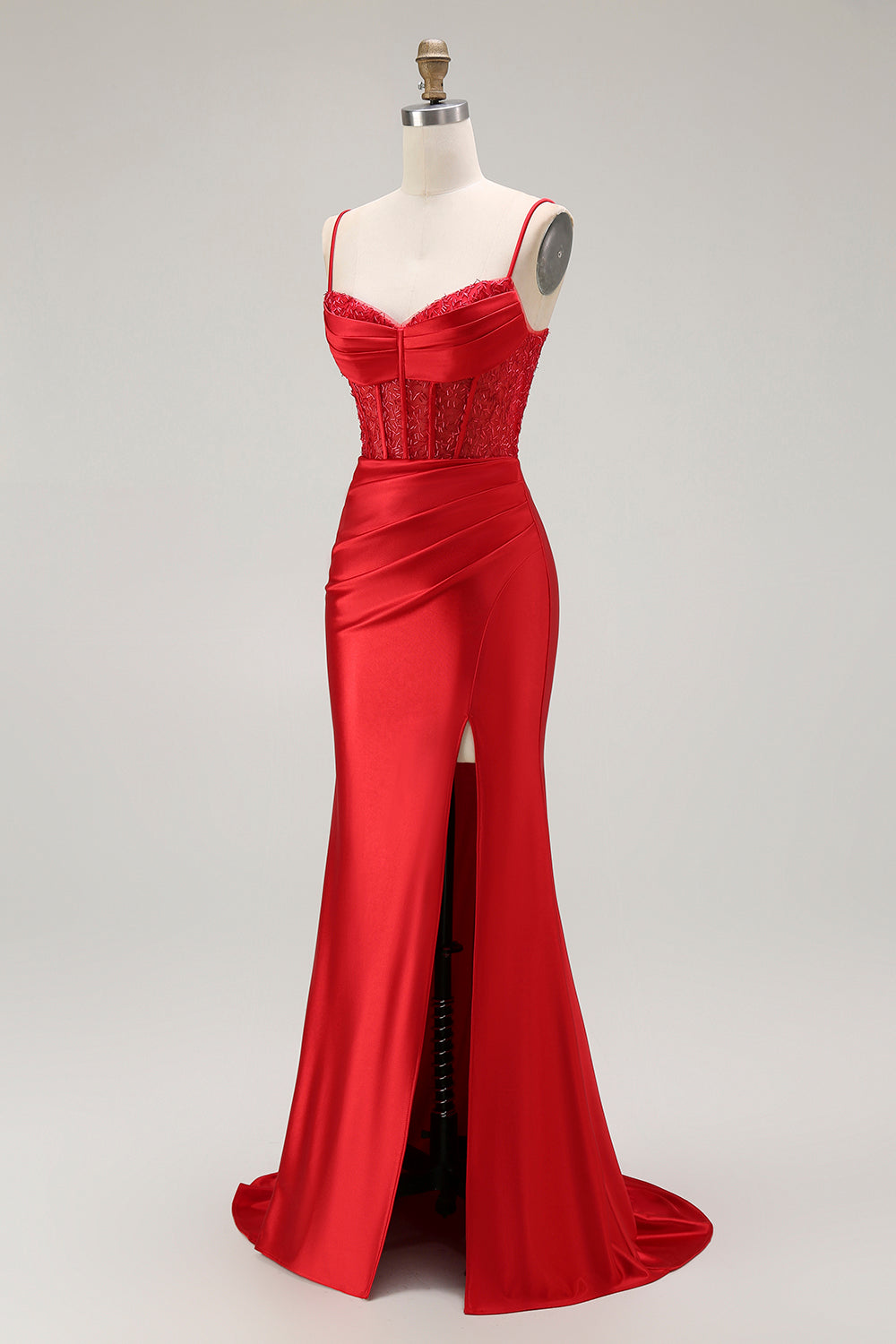 Rotes Meerjungfrau Spaghettiträger Korsett Plissee Langes Ballkleid mit Schlitz