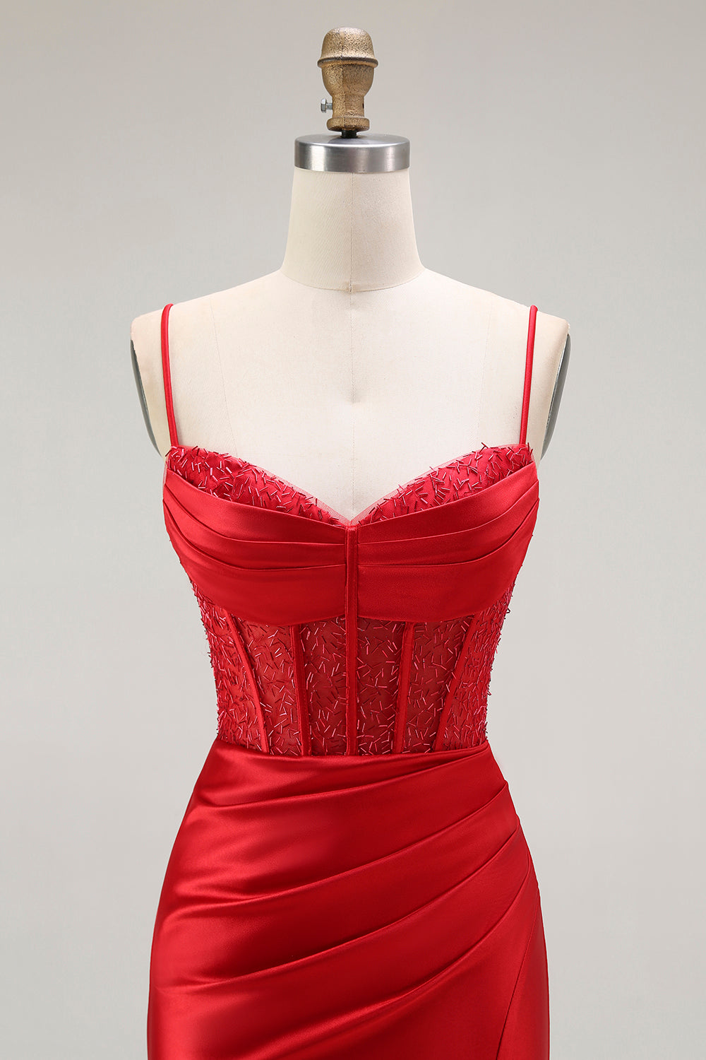 Rotes Meerjungfrau Spaghettiträger Korsett Plissee Langes Ballkleid mit Schlitz