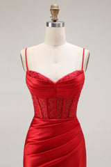 Rotes Meerjungfrau Spaghettiträger Korsett Plissee Langes Ballkleid mit Schlitz