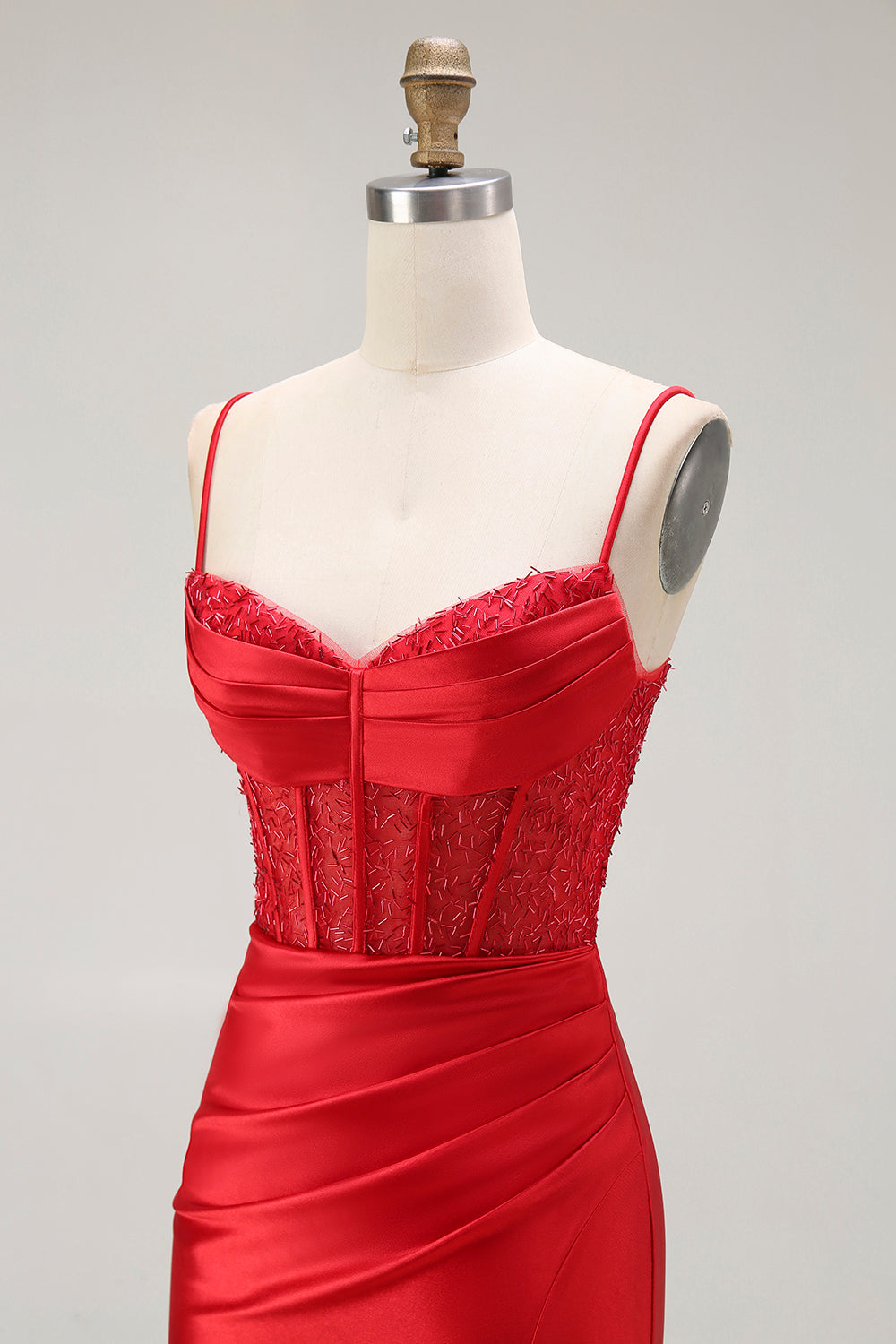 Rotes Meerjungfrau Spaghettiträger Korsett Plissee Langes Ballkleid mit Schlitz