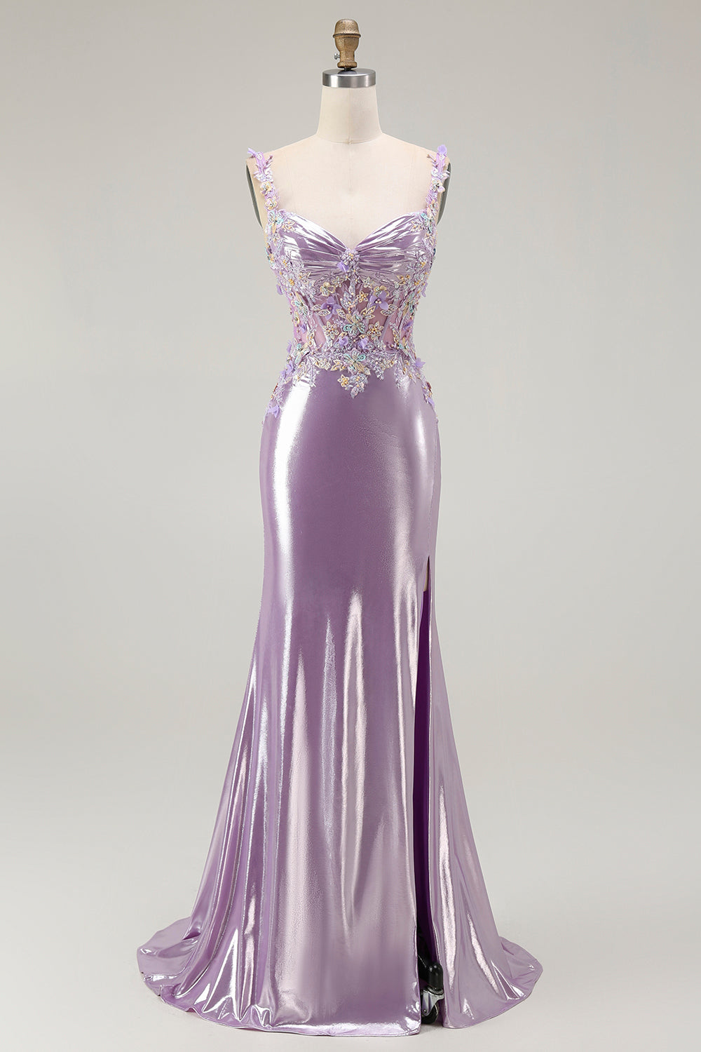 Lila Meerjungfrau Spaghettiträger Appliziertes Perlenbesetztes Langes Ballkleid mit Schlitz