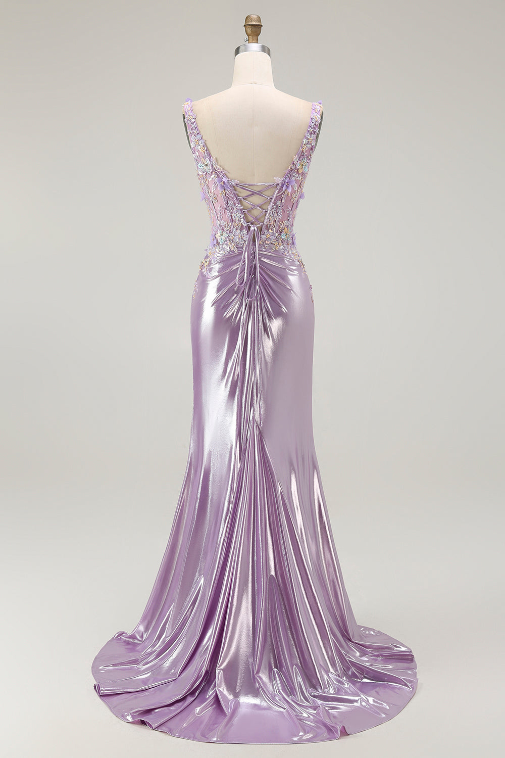 Lila Meerjungfrau Spaghettiträger Appliziertes Perlenbesetztes Langes Ballkleid mit Schlitz