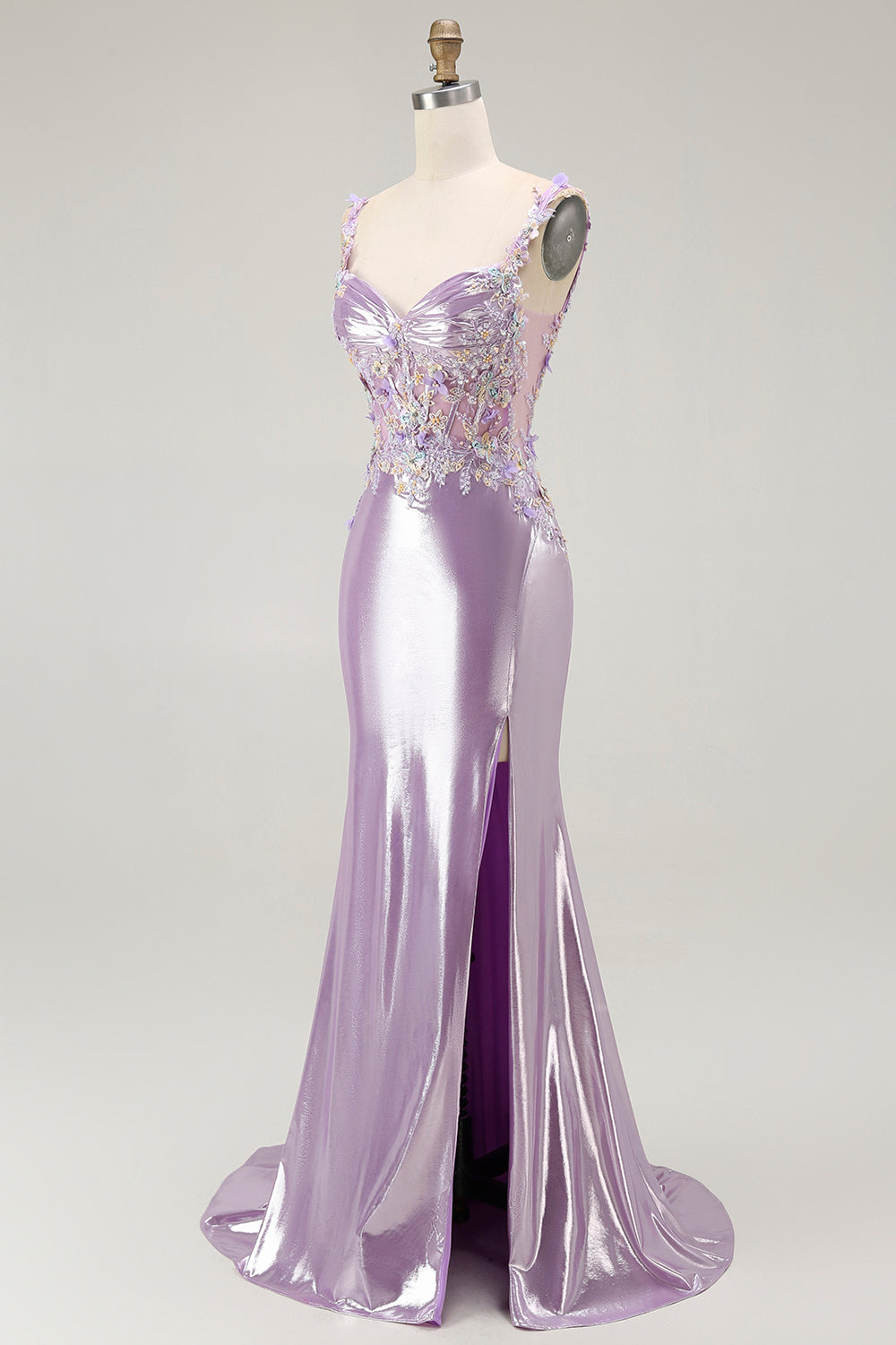 Lila Meerjungfrau Spaghettiträger Appliziertes Perlenbesetztes Langes Ballkleid mit Schlitz