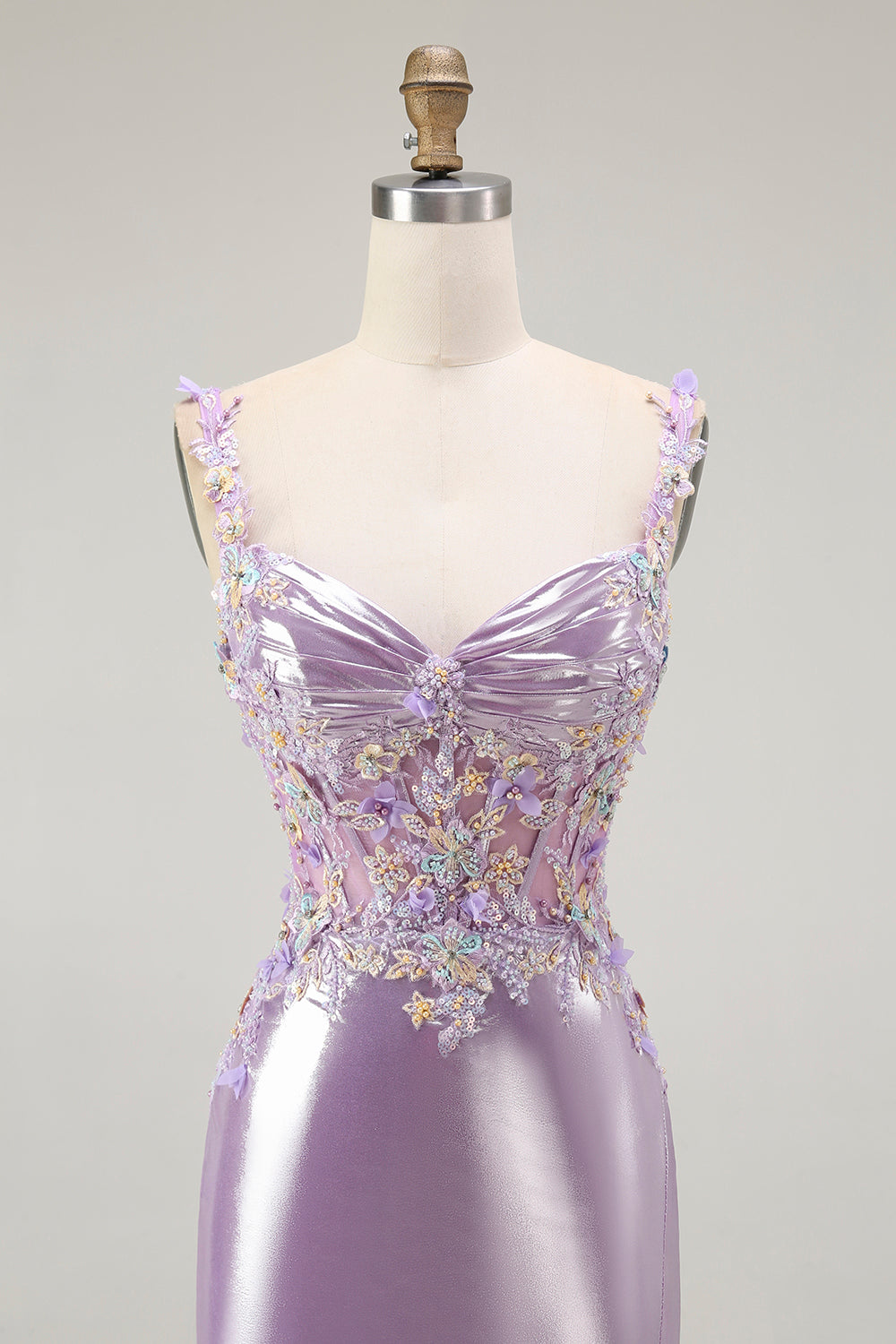 Lila Meerjungfrau Spaghettiträger Appliziertes Perlenbesetztes Langes Ballkleid mit Schlitz