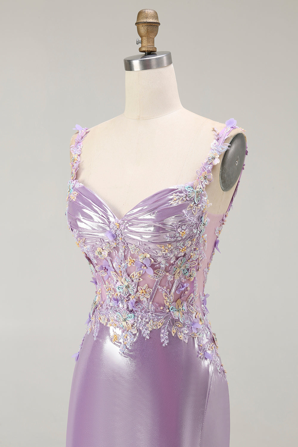 Lila Meerjungfrau Spaghettiträger Appliziertes Perlenbesetztes Langes Ballkleid mit Schlitz
