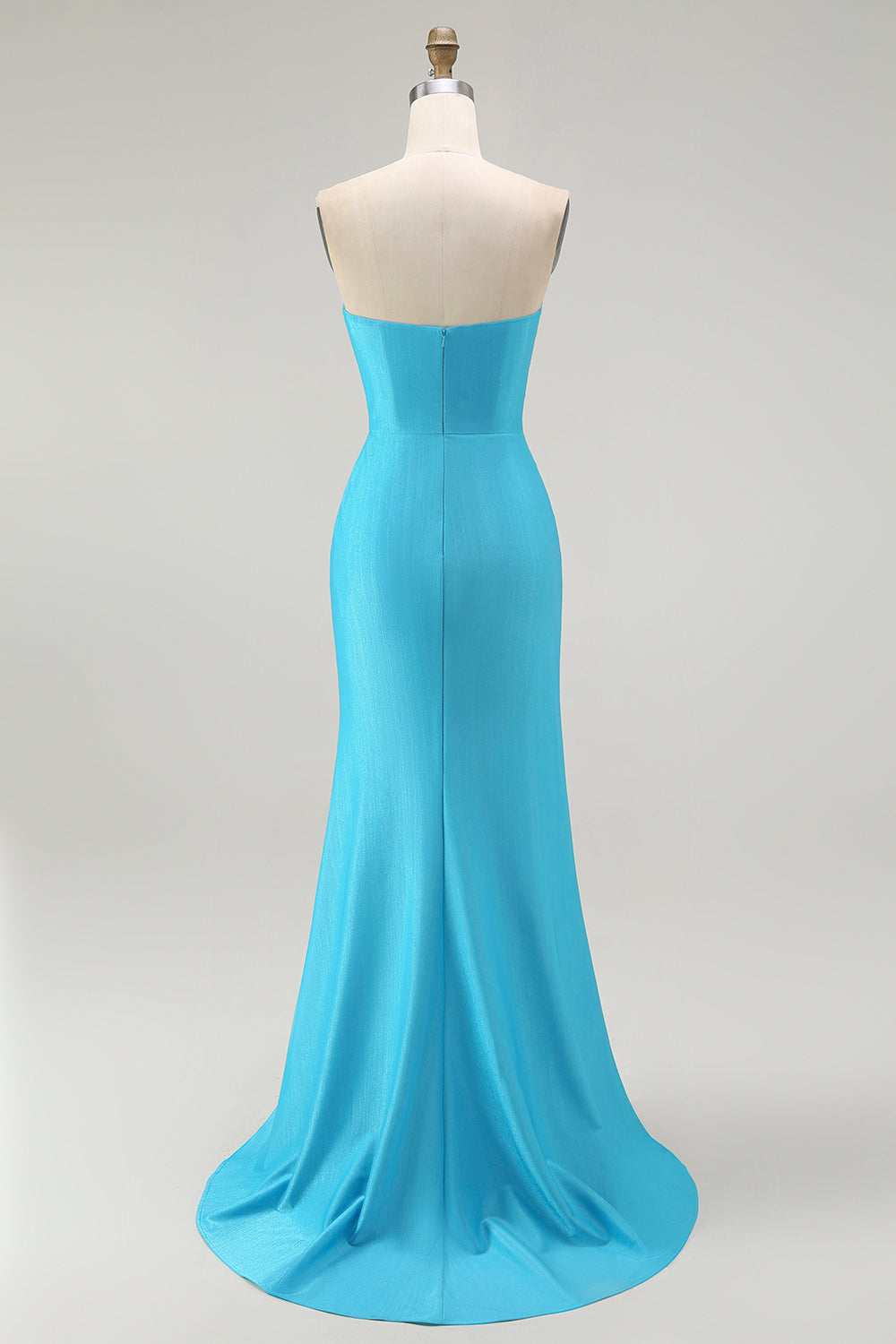 Funkelndes Blaues Trägerloses Meerjungfrauen Plissee Langes Ballkleid mit Schlitz