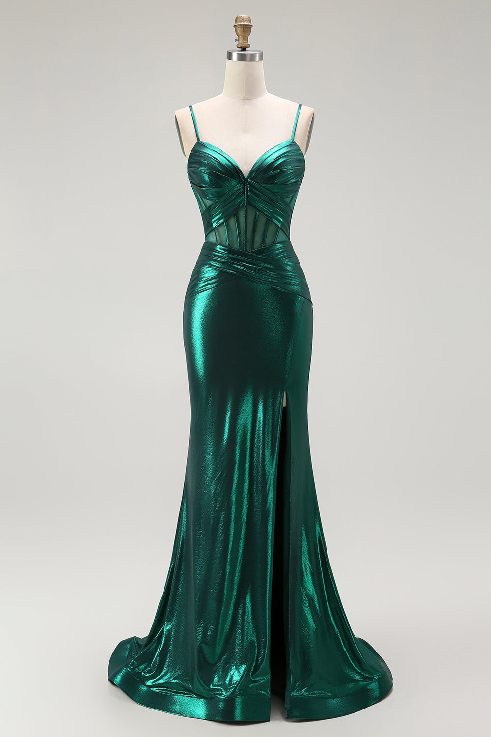 Dunkelgrünes Meerjungfrauen Metallic Korsett Langes Ballkleid mit Schlitz