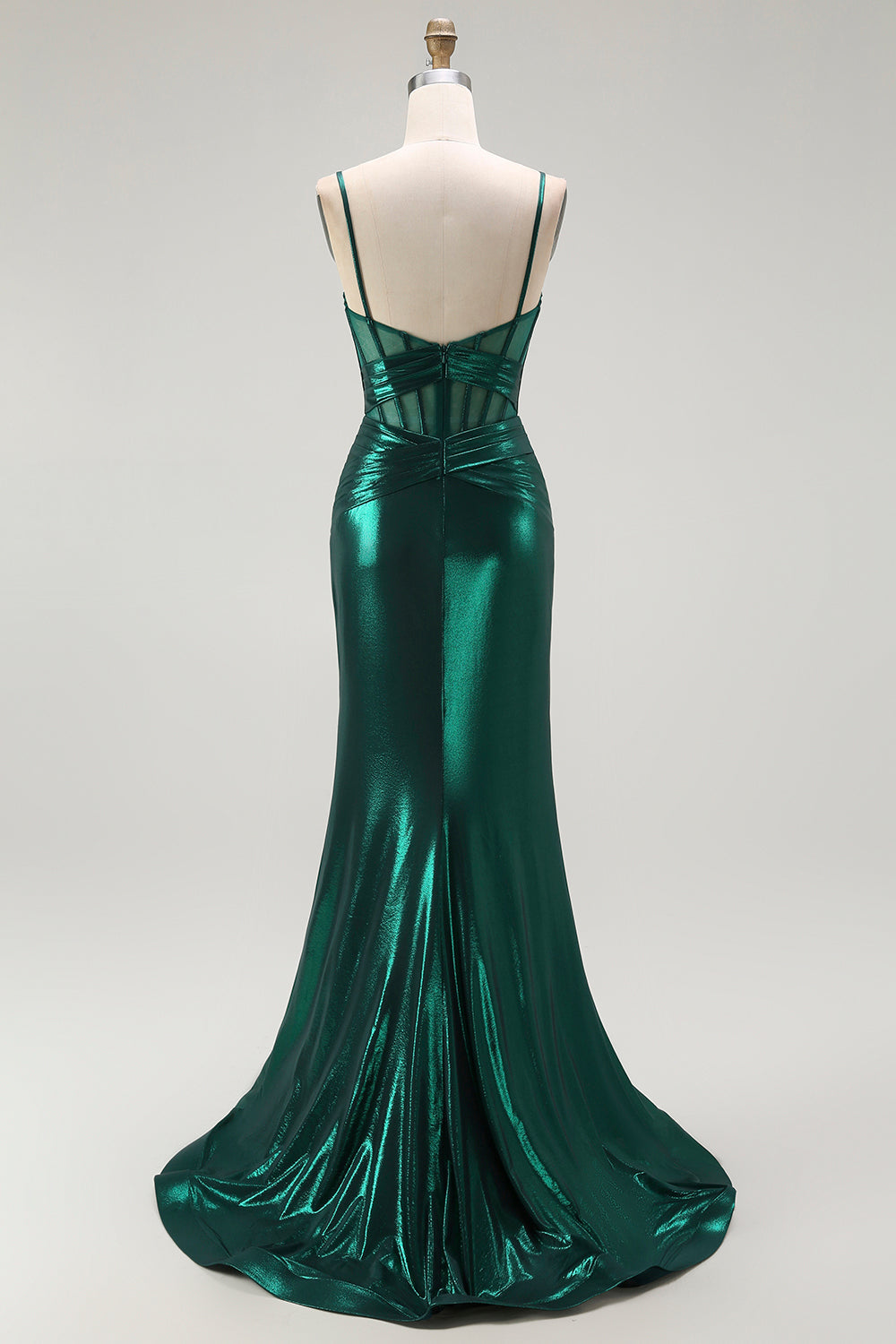 Dunkelgrünes Meerjungfrauen Metallic Korsett Langes Ballkleid mit Schlitz