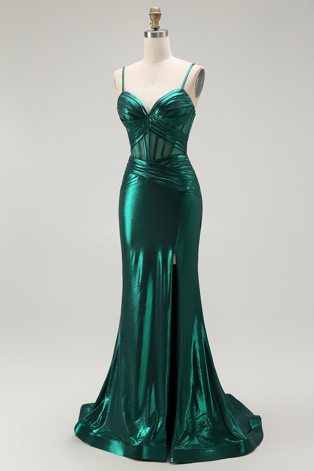 Dunkelgrünes Meerjungfrauen Metallic Korsett Langes Ballkleid mit Schlitz
