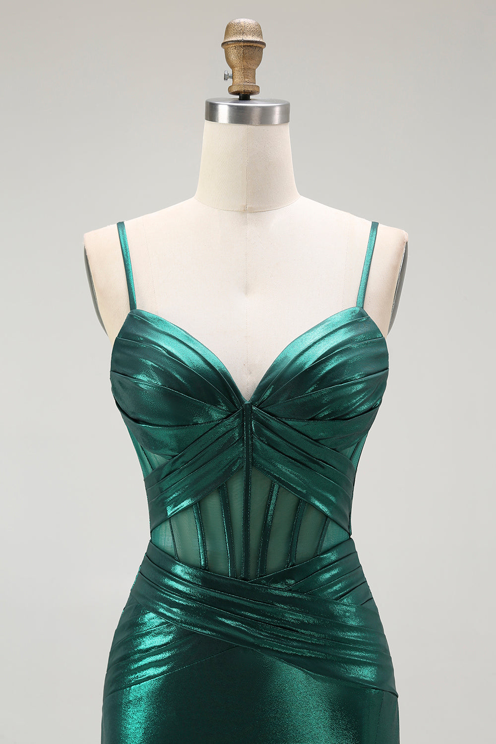 Dunkelgrünes Meerjungfrauen Metallic Korsett Langes Ballkleid mit Schlitz