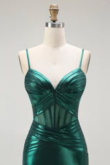 Dunkelgrünes Meerjungfrauen Metallic Korsett Langes Ballkleid mit Schlitz