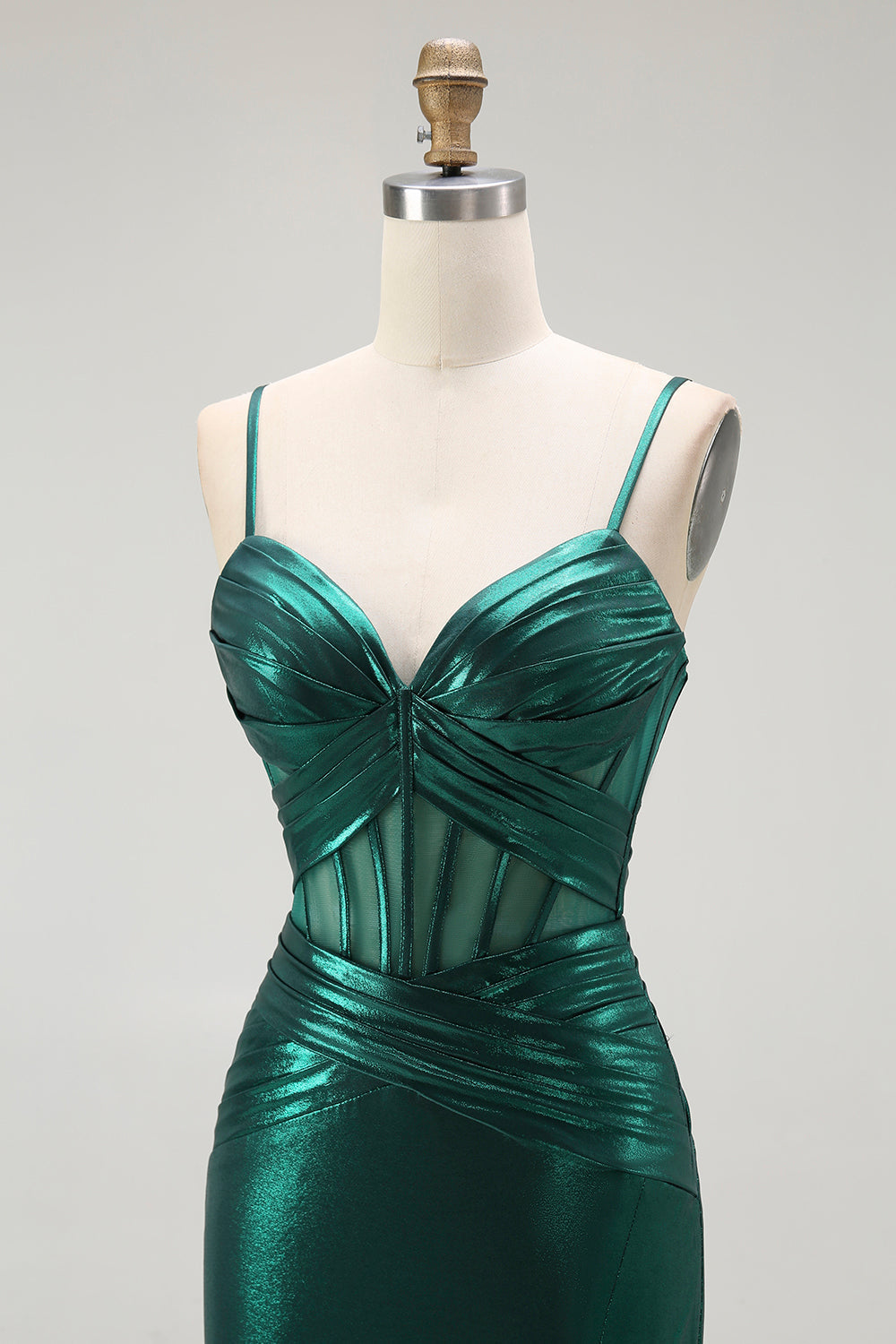 Dunkelgrünes Meerjungfrauen Metallic Korsett Langes Ballkleid mit Schlitz