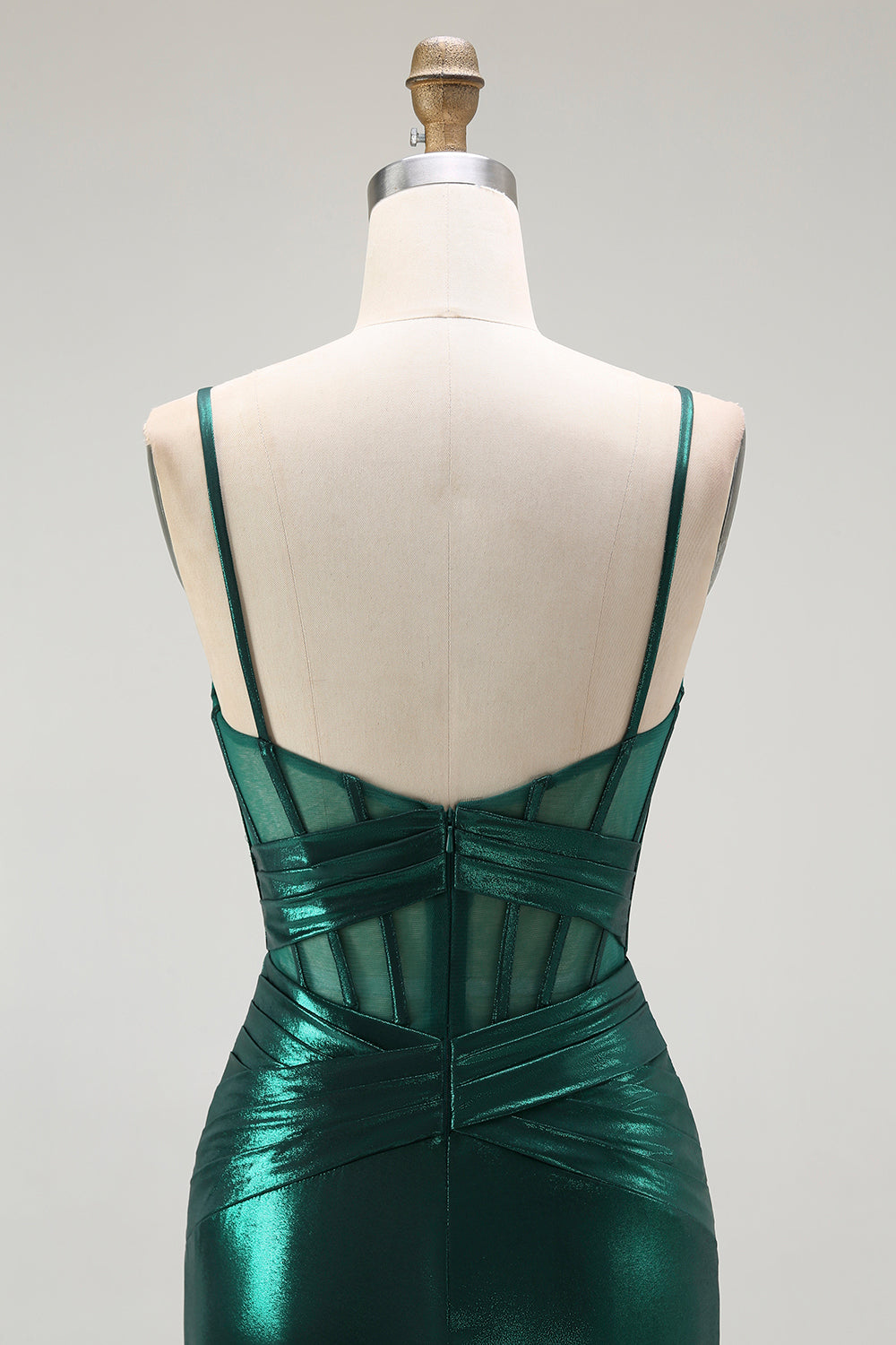 Dunkelgrünes Meerjungfrauen Metallic Korsett Langes Ballkleid mit Schlitz