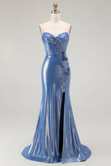 Meerjungfrau Korsett Pailletten Herzausschnitt Perlen Blau Ballkleid mit Schlitz