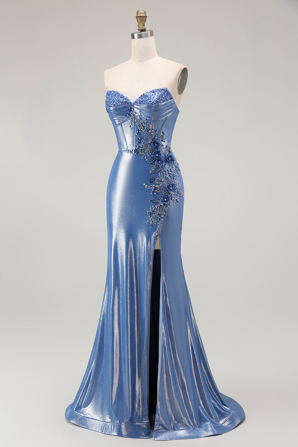 Meerjungfrau Korsett Pailletten Herzausschnitt Perlen Blau Ballkleid mit Schlitz