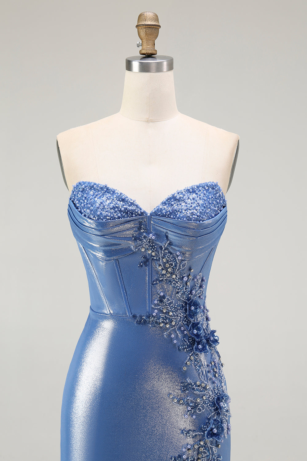 Meerjungfrau Korsett Pailletten Herzausschnitt Perlen Blau Ballkleid mit Schlitz