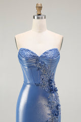 Meerjungfrau Korsett Pailletten Herzausschnitt Perlen Blau Ballkleid mit Schlitz