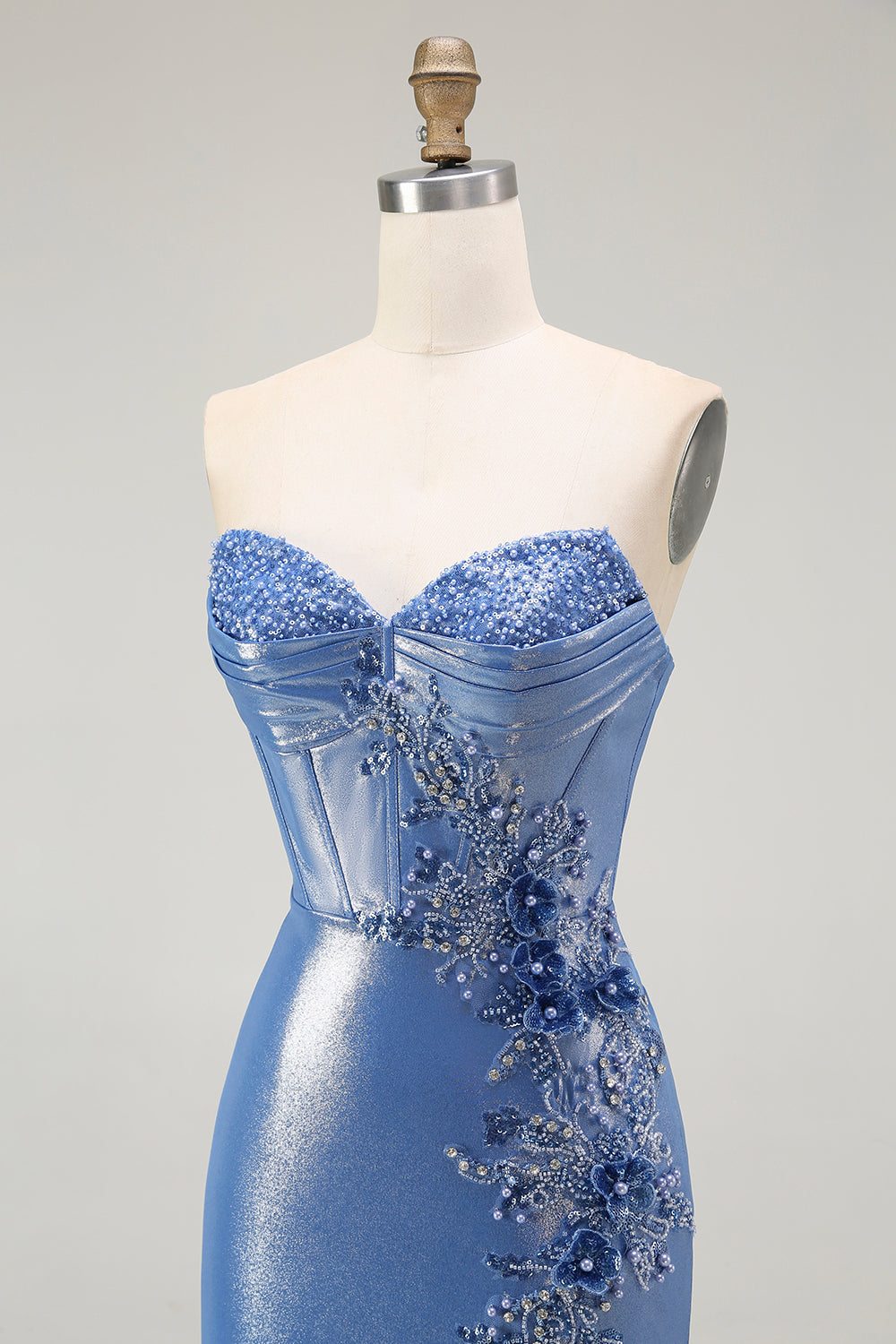 Meerjungfrau Korsett Pailletten Herzausschnitt Perlen Blau Ballkleid mit Schlitz