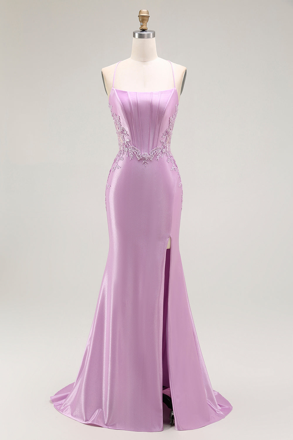 Lila Meerjungfrau Spaghettiträger Korsett Langes Ballkleid mit Schlitz