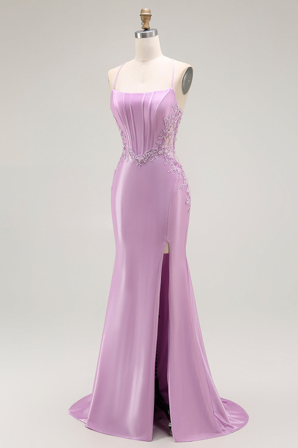 Lila Meerjungfrau Spaghettiträger Korsett Langes Ballkleid mit Schlitz