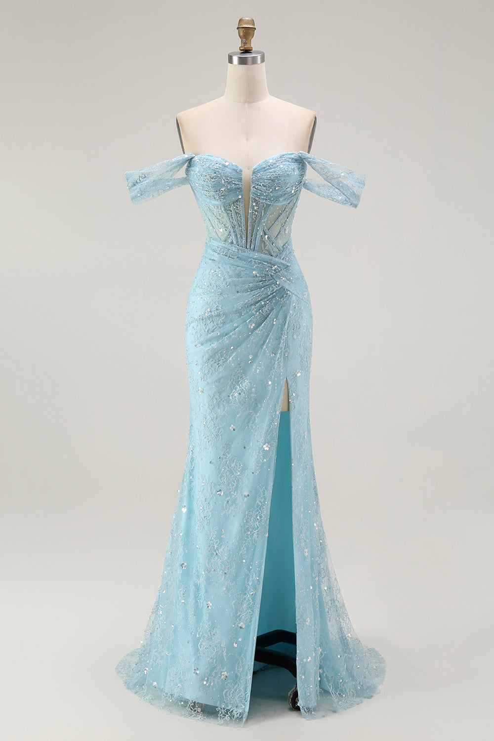 Blaue Meerjungfrau Schulterfreies Langes Ballkleid mit Perlen und Schlitz