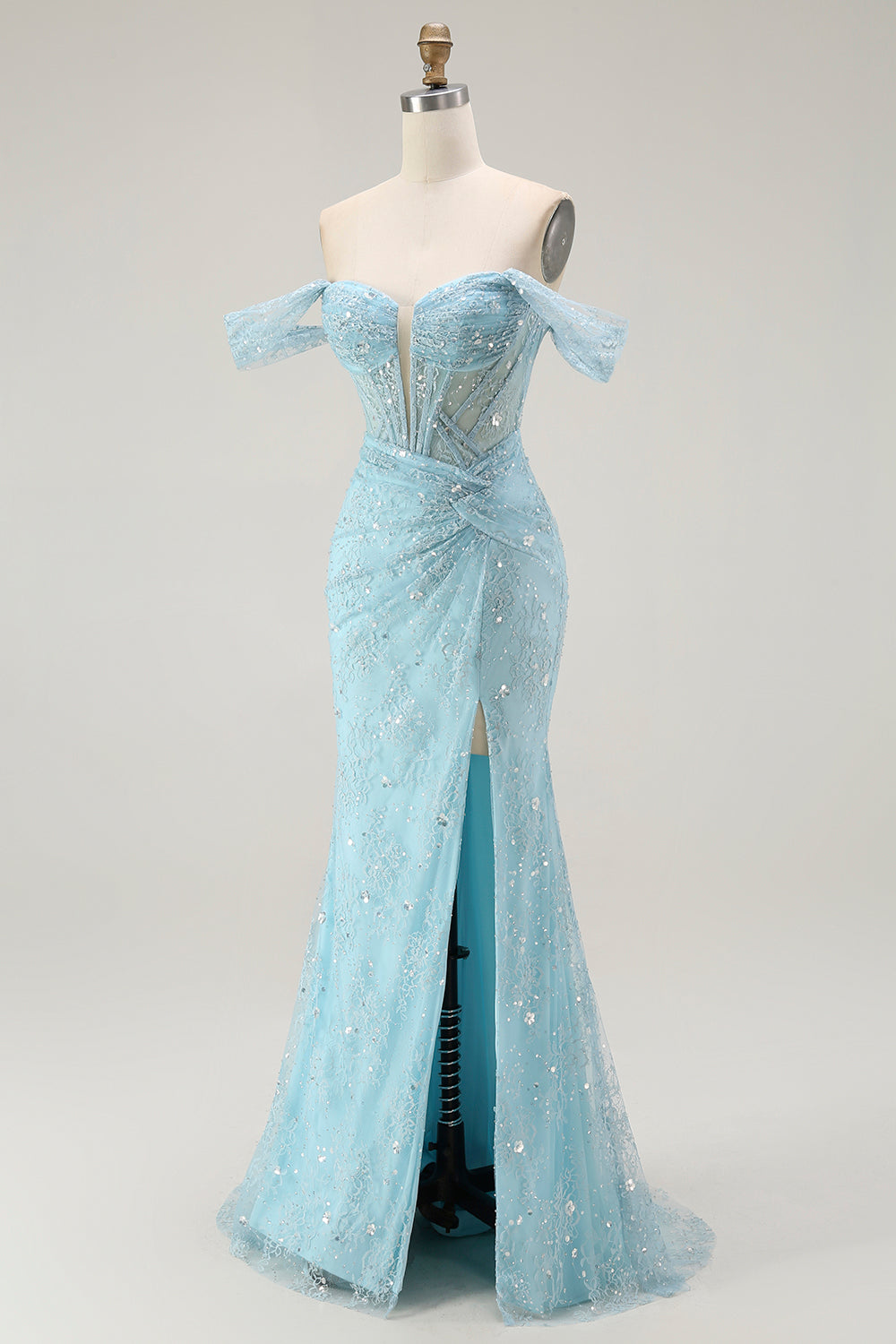 Blaue Meerjungfrau Schulterfreies Langes Ballkleid mit Perlen und Schlitz