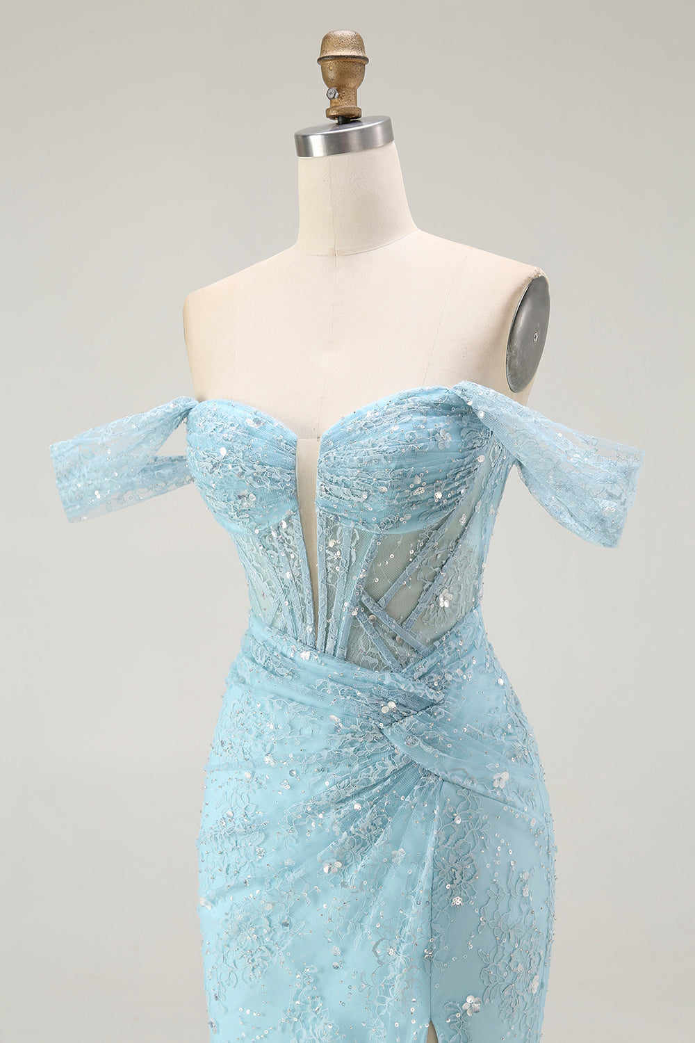Blaue Meerjungfrau Schulterfreies Langes Ballkleid mit Perlen und Schlitz