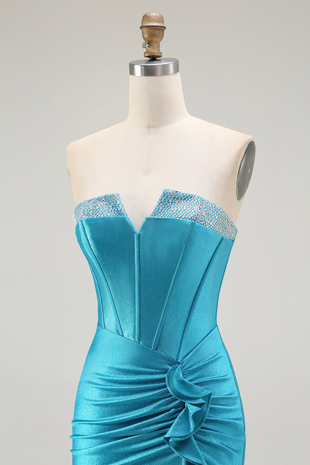 Meerjungfrau Trägerloses Korsett Perlenbesetztes Blaues Ballkleid mit Rüschen Schlitz