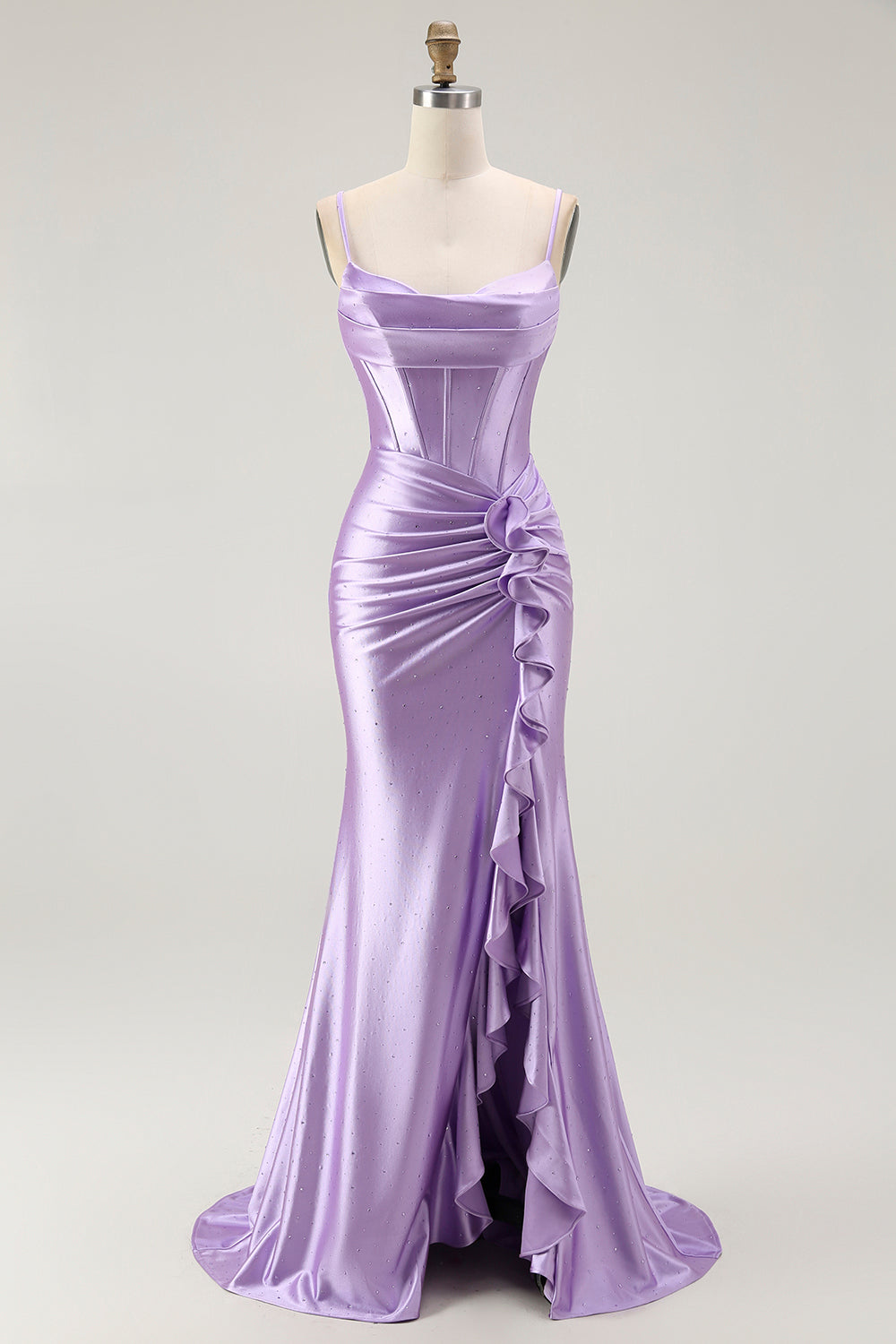 Lila Meerjungfrau Korsett Gerafftes Langes Ballkleid mit Rüschen Schlitz