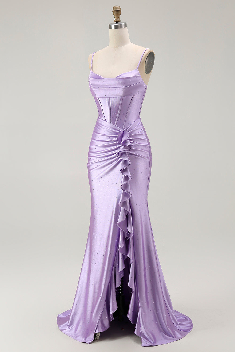 Lila Meerjungfrau Korsett Gerafftes Langes Ballkleid mit Rüschen Schlitz