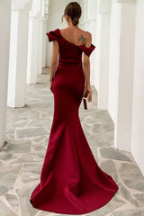 Eine Schulter Meerjungfrau Burgundy Ballkleid