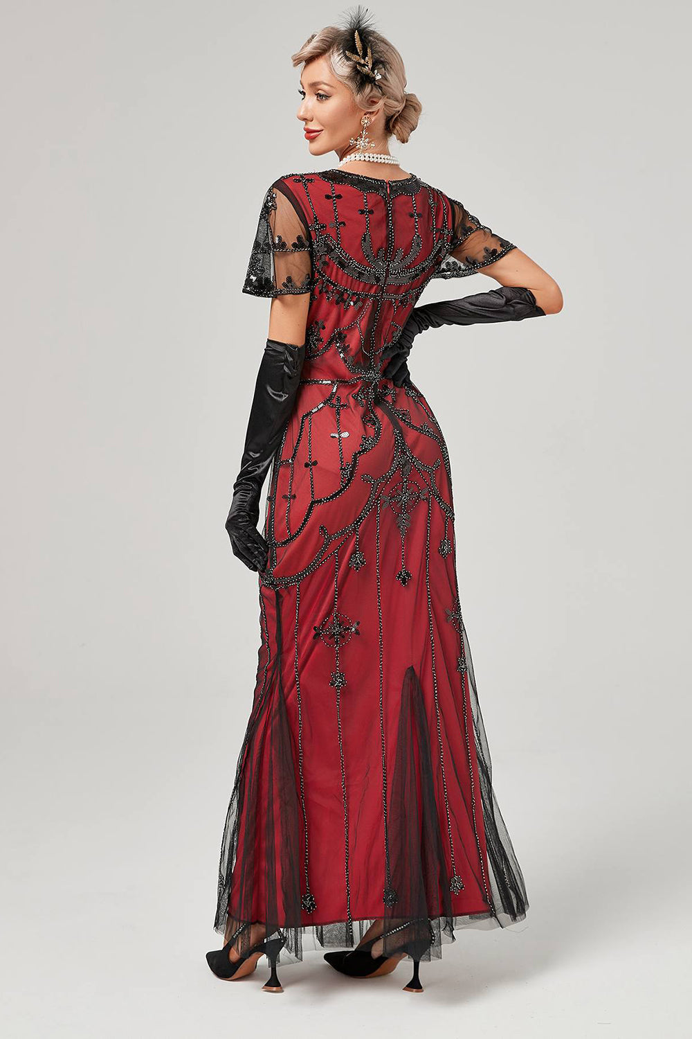 Schwarzes rosa Paillettenkleid aus den 1920er Jahren